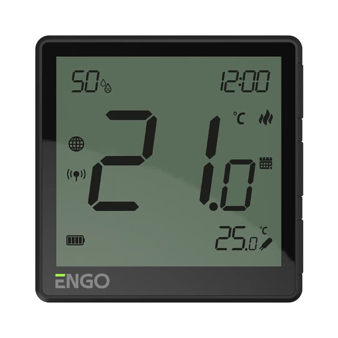 ENGO Беспроводной терморегулятор, черный, с модулем Zigbee, с аккумулятором, со встроенным датчиком влажности, с возможностью подключения датчика пола