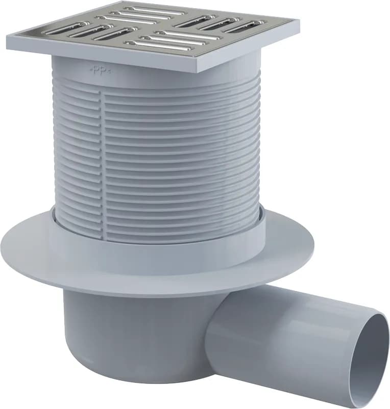 AlcaPlast Сливной трап 105x105/50 мм боковой сток, решетка из нержавеющей стали, гидрозатвор мокрый