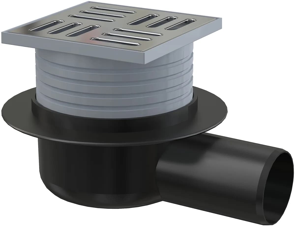 AlcaPlast Сливной трап 105x105/50 мм боковой сток, решетка из нержавеющей стали, гидрозатвор мокрый