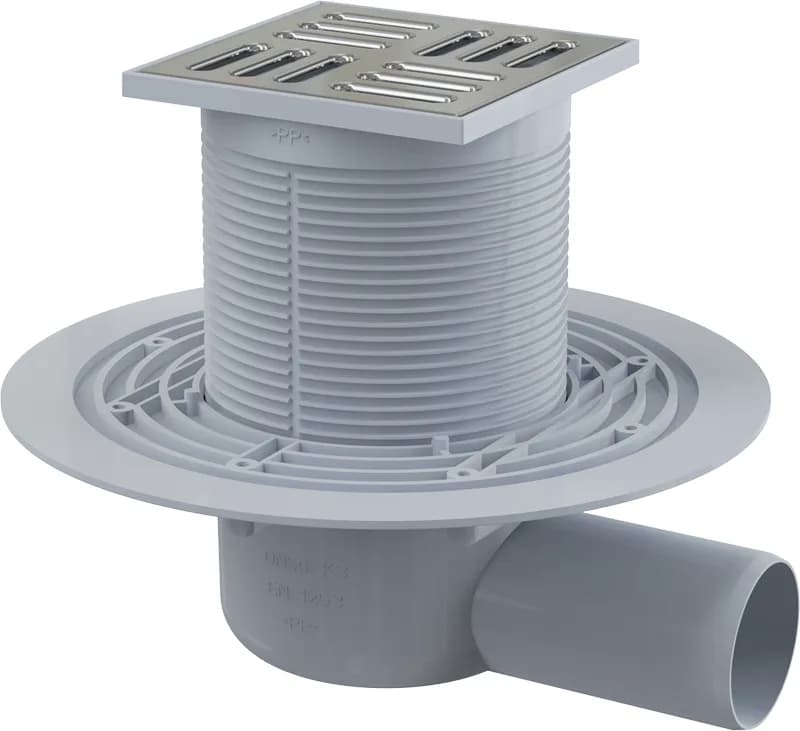 AlcaPlast Сливной трап 105x105/50 мм боковой сток, решетка из нержавеющей стали, комбинированный SMART затвор (сухой/мокрый)