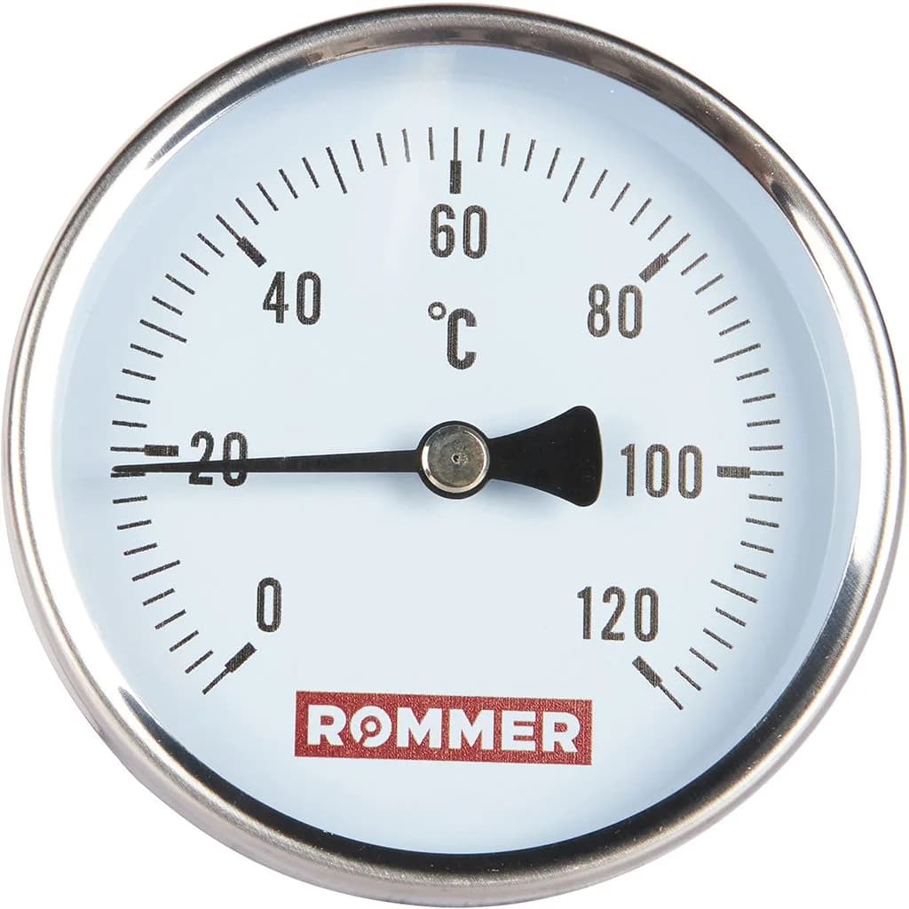 ROMMER Термометр биметаллический с погружной гильзой. Корпус Dn 80 мм, гильза 75 мм 1/2, 0...120°С