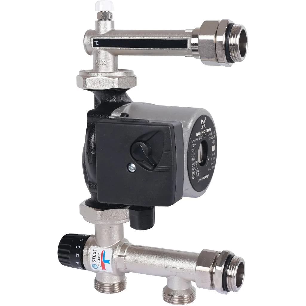 *SDG-0120-005001 STOUT Насосно-смесительный узел с термостатическим клапаном 20-43°C, с насосом UPSO 25-65, 130 mm