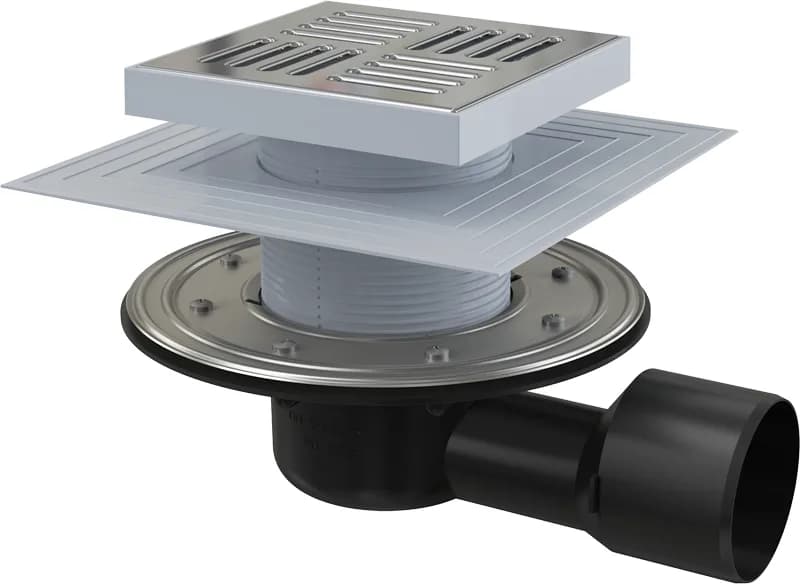 AlcaPlast Сливной трап 150x150/50/75 мм боковой сток, решетка из нержавеющей стали, фланец из нержавеющей стали, воротник изоляции 2–го уровня, гидрозатвор сухой и мокрый