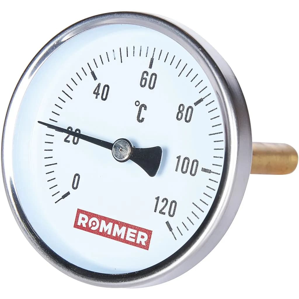 ROMMER Термометр биметаллический с погружной гильзой. Корпус Dn 80 мм, гильза 100 мм 1/2, 0...120°С