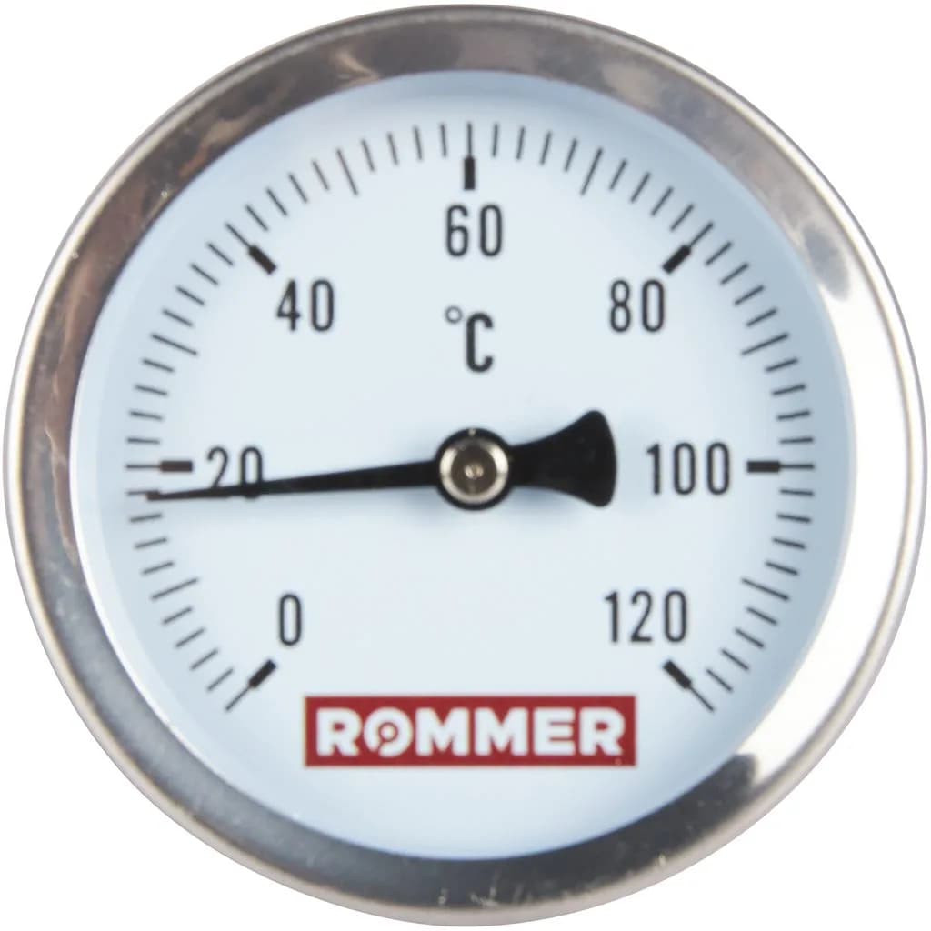 *RIM-0001-637515 ROMMER Термометр биметаллический с погружной гильзой. Корпус Dn 63 мм, гильза 75 мм 1/2, 0...120°С