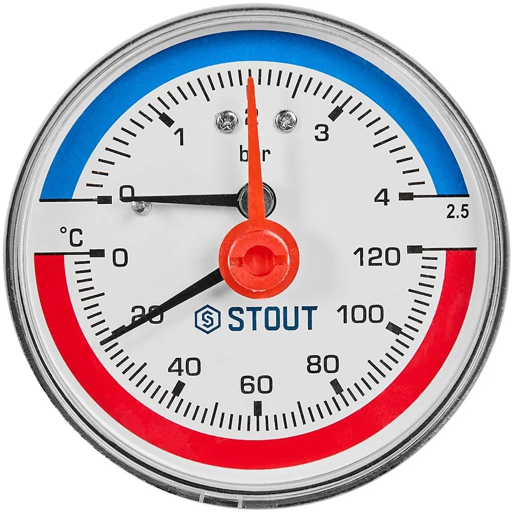 STOUT Термоманометр аксиальный в комплекте с автоматическим запорным клапаном. Корпус Dn 63 мм 1/2, 0...120°C, 0-4 бар.