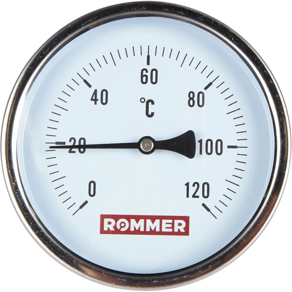 *RIM-0001-107515 ROMMER Термометр биметаллический с погружной гильзой. Корпус Dn 100 мм, гильза 75 мм 1/2, 0...120°С