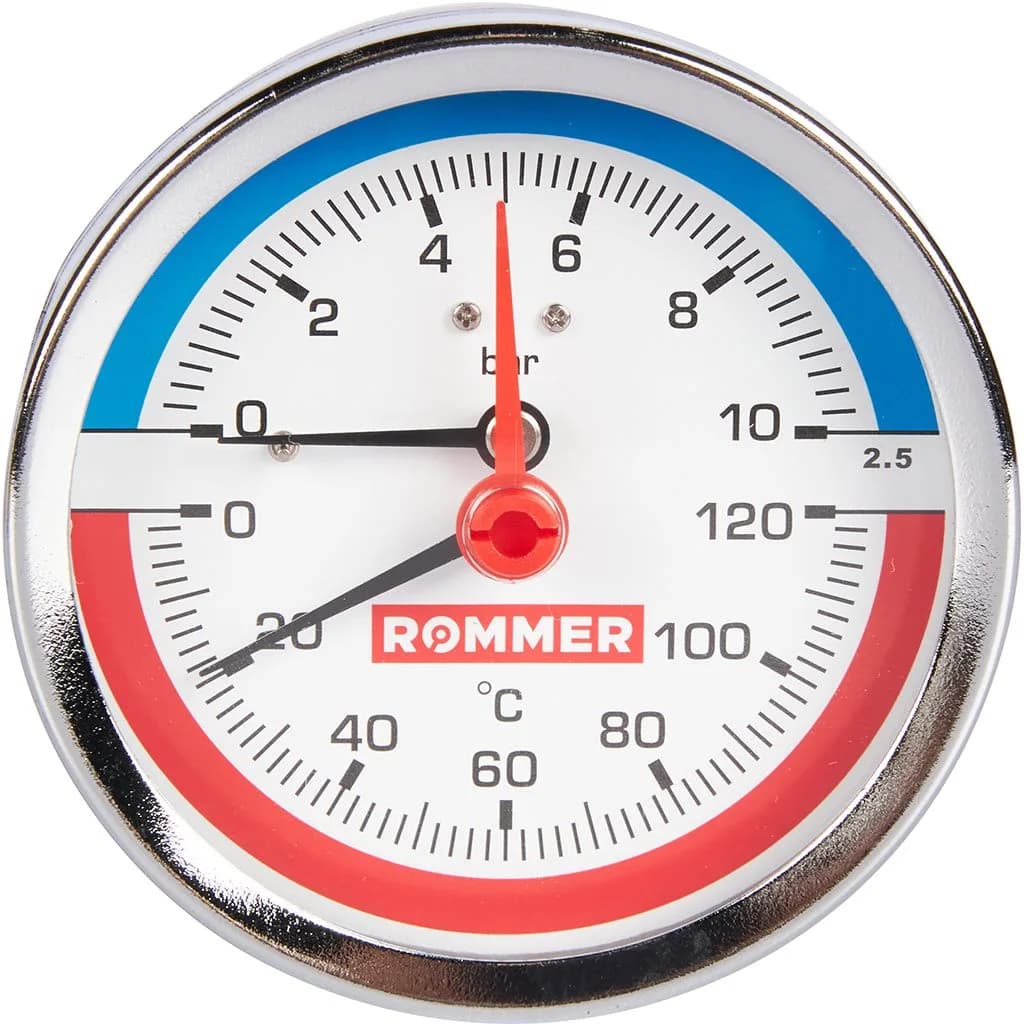 *RIM-0005-801015 ROMMER Термоманометр аксиальный в комплекте с автоматическим запорным клапаном. Корпус Dn 80 мм 1/2, 0...120°C, 0-10 бар.