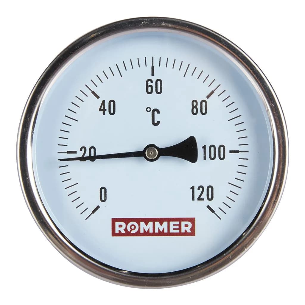 *RIM-0001-101015 ROMMER Термометр биметаллический с погружной гильзой. Корпус Dn 100 мм, гильза 100 мм 1/2, 0...120°С