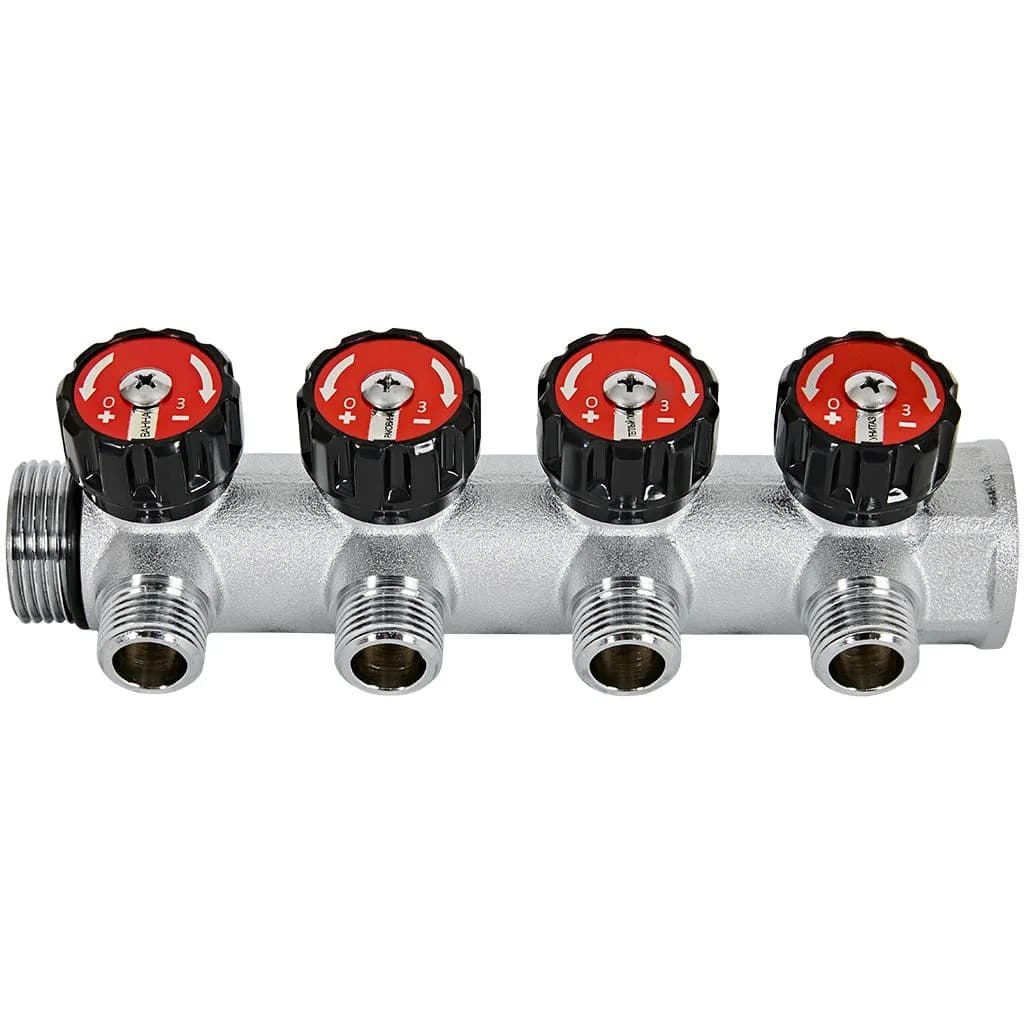 ROMMER Коллектор распределительный с запорно-регулирующими клапанами, с отводами под 90, подключение 1", 4 отвода 1/2" плоское уплотнение
