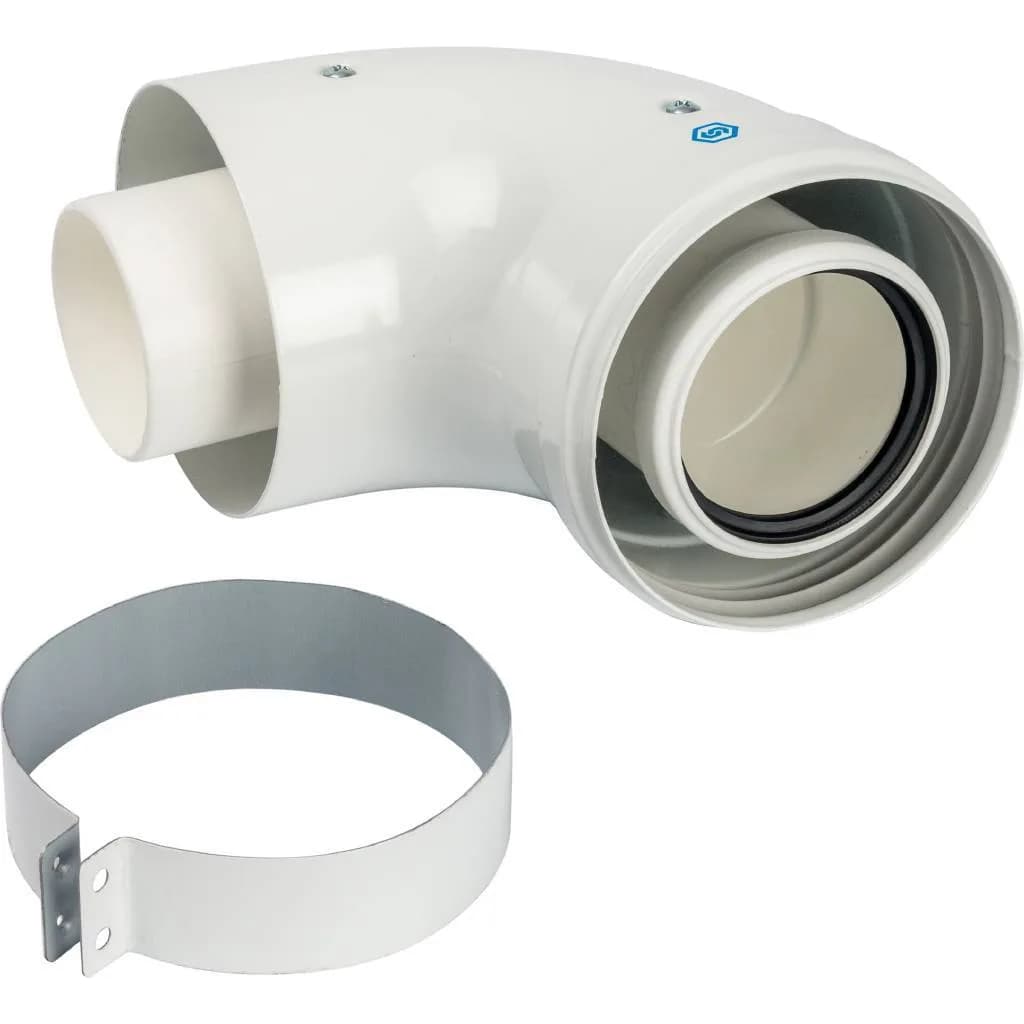 *SCA-8610-230090 STOUT Элемент дымохода конденсац. адаптер 90° DN60/100 м/п PP-FE c хомутом (совместим. с Vaillant, Ariston)