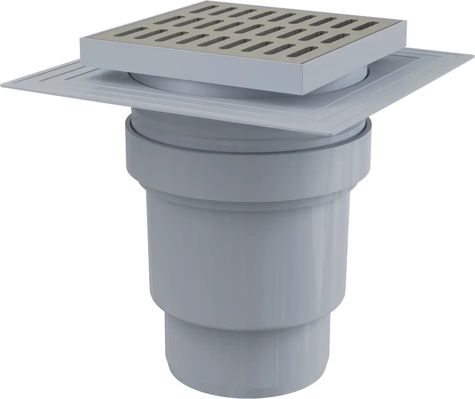 AlcaPlast Сливной трап 150x150/110 мм прямой сток, решетка из нержавеющей стали, воротник изоляции 2–го уровня, гидрозатвор мокрый