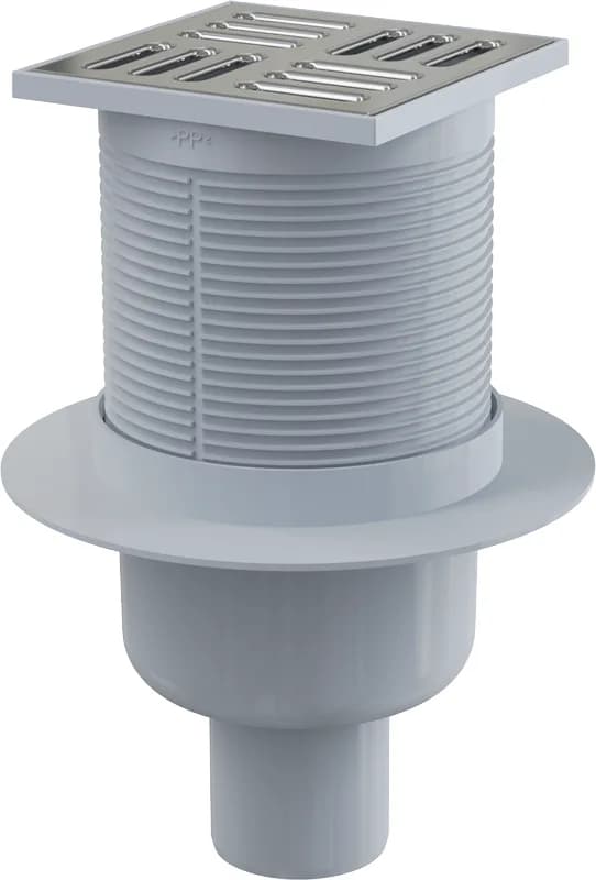 AlcaPlast Сливной трап 105x105/50 мм прямой сток, решетка из нержавеющей стали, гидрозатвор мокрый