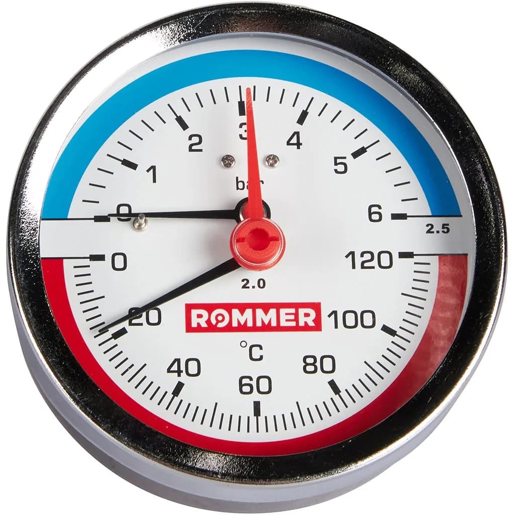 *RIM-0005-800615 ROMMER Термоманометр аксиальный в комплекте с автоматическим запорным клапаном. Корпус Dn 80 мм 1/2, 0...120°C, 0-6 бар.