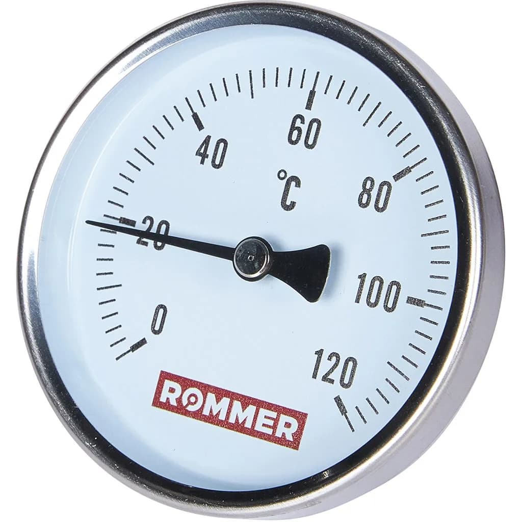 *RIM-0001-805015 ROMMER Термометр биметаллический с погружной гильзой. Корпус Dn 80 мм, гильза 50 мм 1/2, 0...120°С