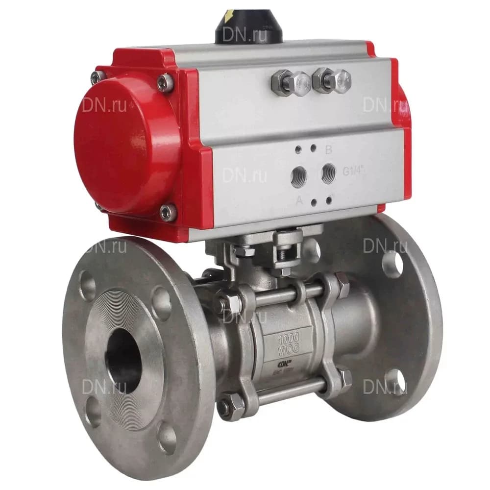 Кран шаровой DN.ru, фланцевое, корпус — нержавеющая сталь AISI 304, уплотнение — PTFE, пневмопривод двойного действия (BV3131P(3pc)-FP-F-ISO-H)