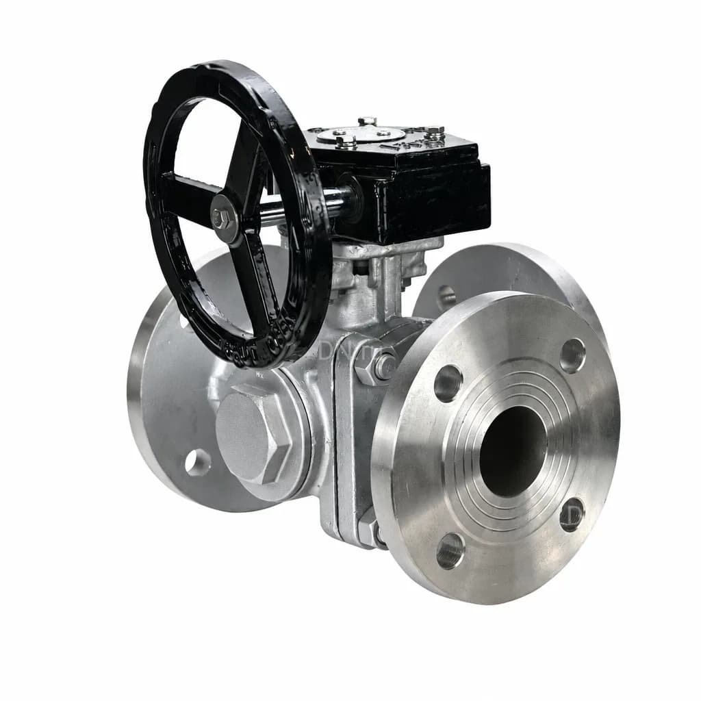 Кран шаровой DN.ru, фланцевое, корпус — нержавеющая сталь AISI 316, уплотнение — PTFE, редуктор (BV3232P(2pc)-FP-3WL-F-ISO-H)