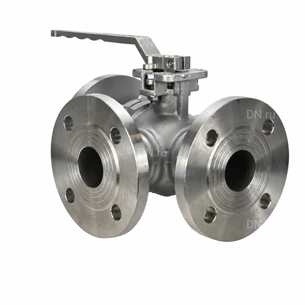 Кран шаровой DN.ru, фланцевое, корпус — нержавеющая сталь AISI 316, уплотнение — PTFE, рукоятка (BV3232P(2pc)-FP-3WT-F-ISO-H)